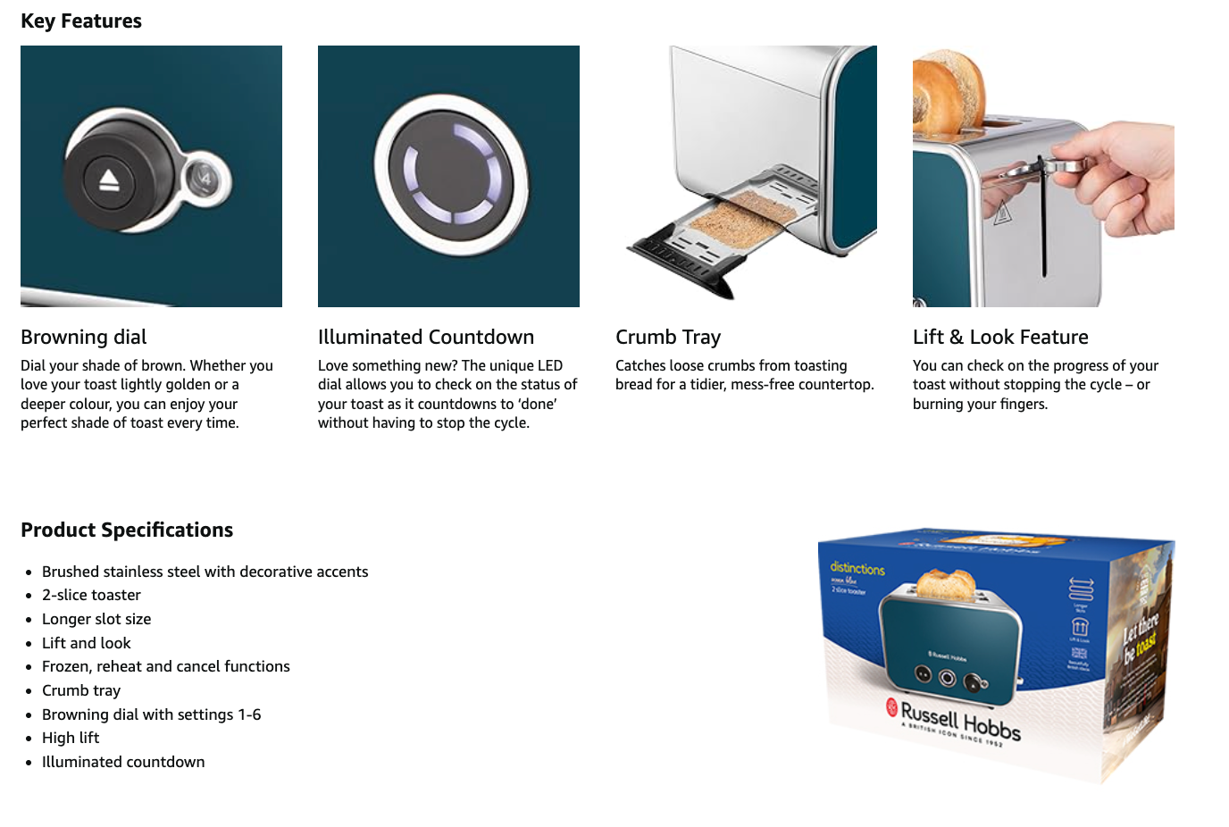 Ocean blue 2-slice toaster with illuminated countdown and crumb tray on product box