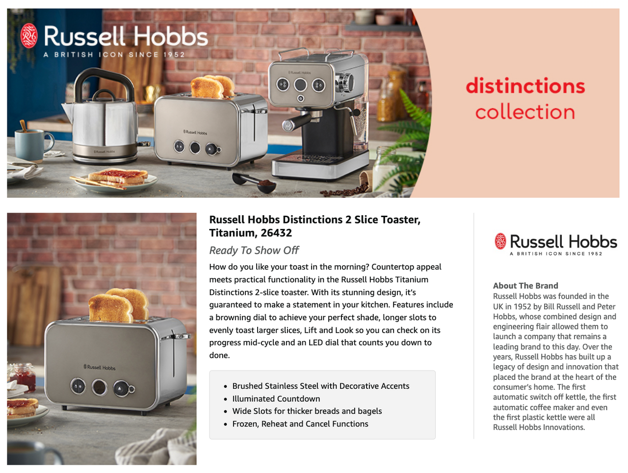 Russell Hobbs distinctions collection promotional page for the 2-slice titanium toaster