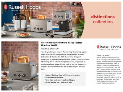 Russell Hobbs Distinctions 2 Slice Toaster Extra Long Slots 26432 (Titanium)