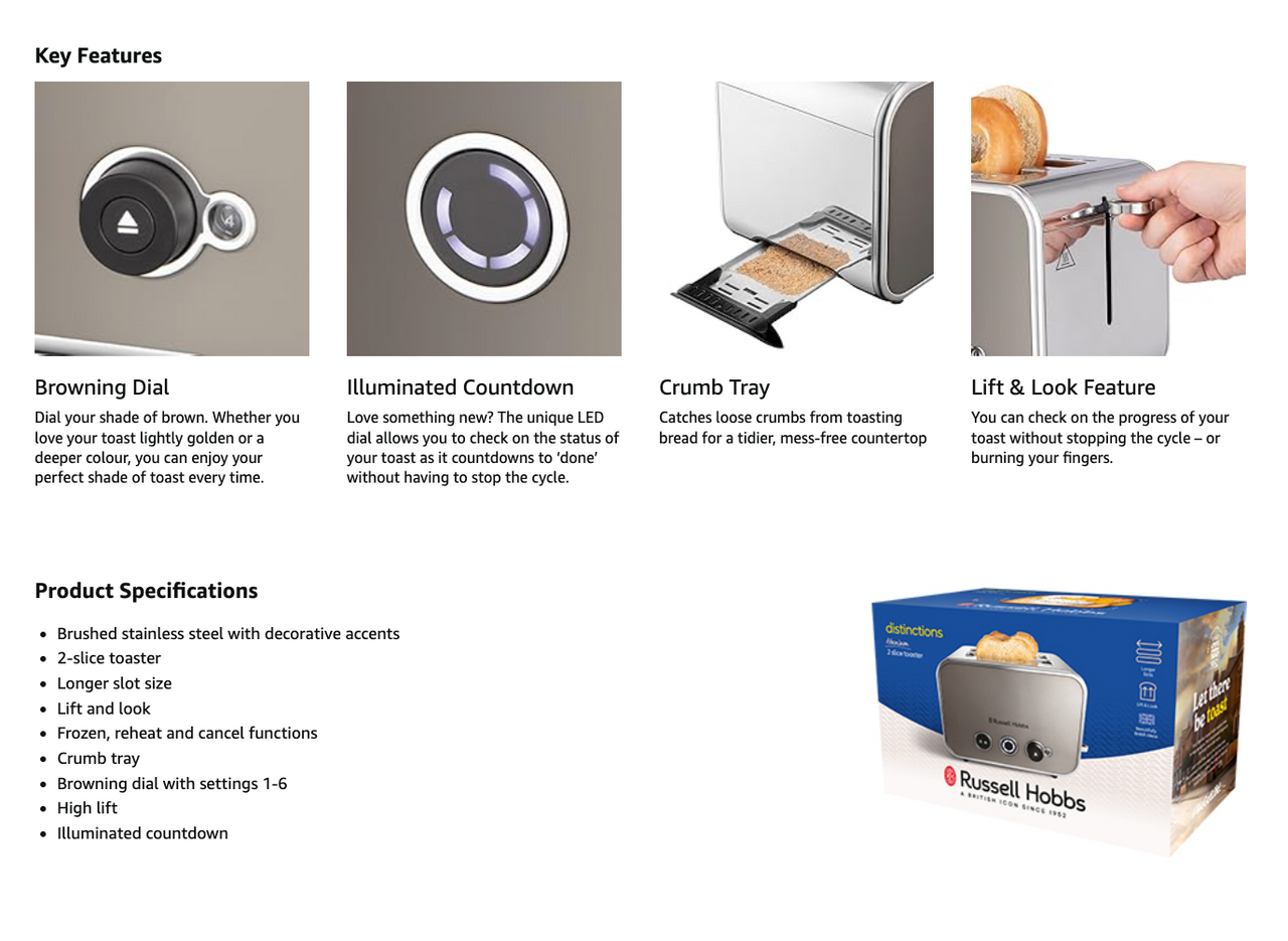 Russell Hobbs 2-slice toaster key features panel showing dials and crumb tray