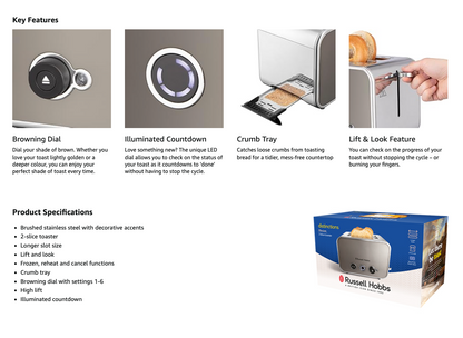 Russell Hobbs Distinctions 2 Slice Toaster Extra Long Slots 26432 (Titanium)