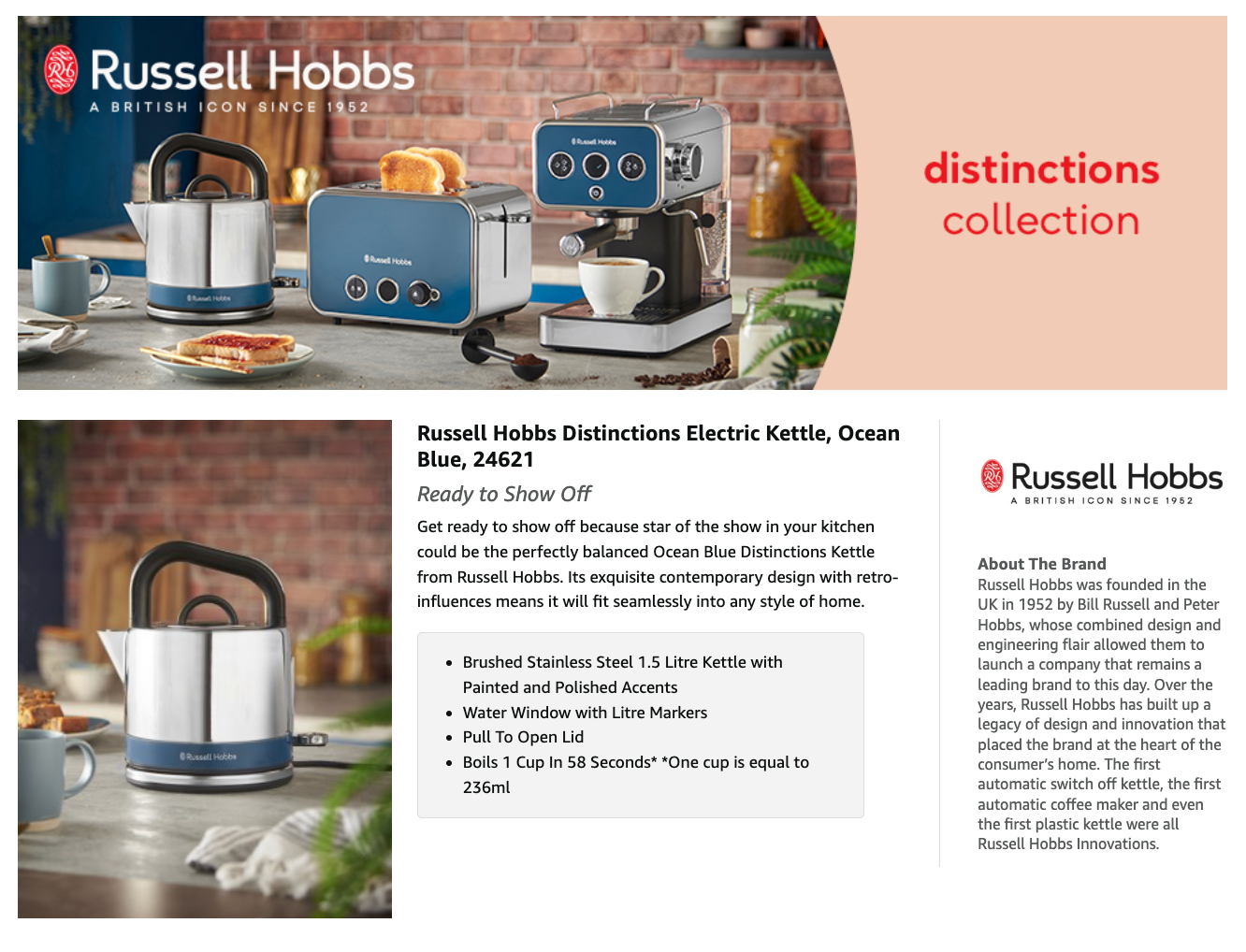 Russell Hobbs Distinctions Stainless Steel 1.5L Kettle 26421 (Ocean)