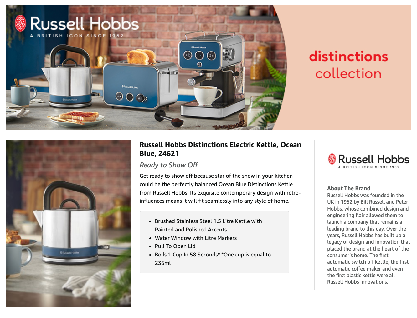 Russell Hobbs Distinctions Pyramid Kettle 26421 (Ocean Blue) - Vibe Home