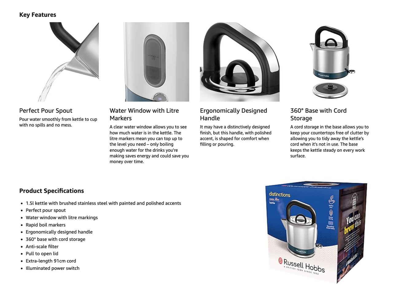 Russell Hobbs Distinctions Pyramid Kettle 26421 (Ocean Blue) - Vibe Home