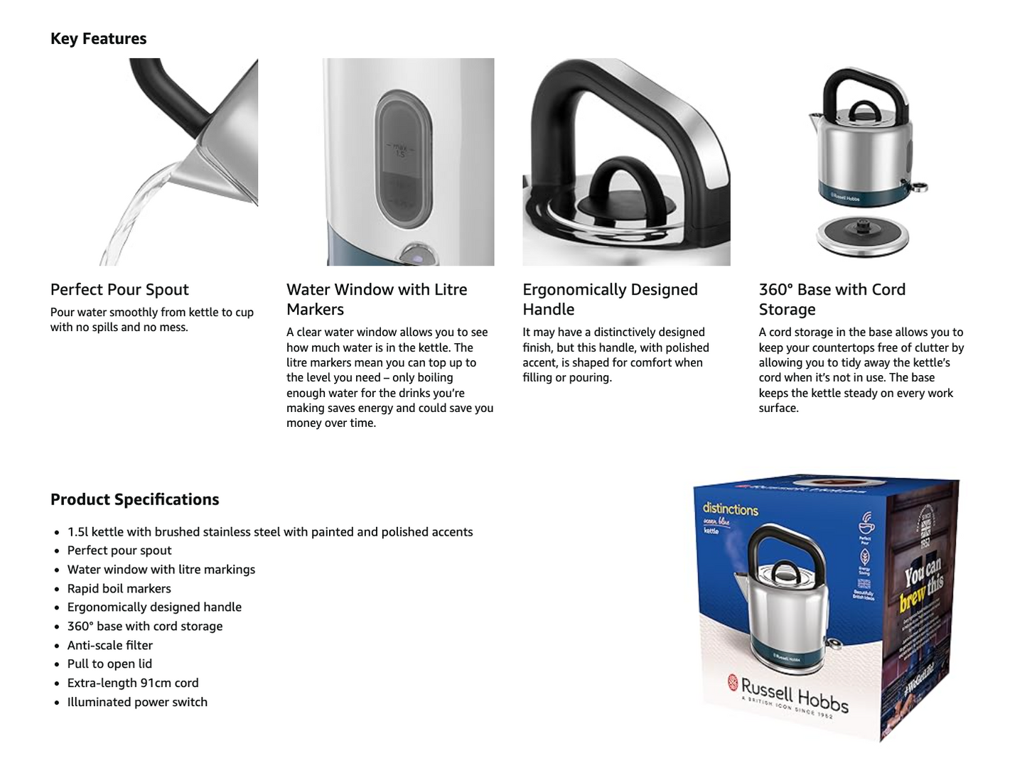 Russell Hobbs Distinctions Stainless Steel 1.5L Kettle 26421 (Ocean)