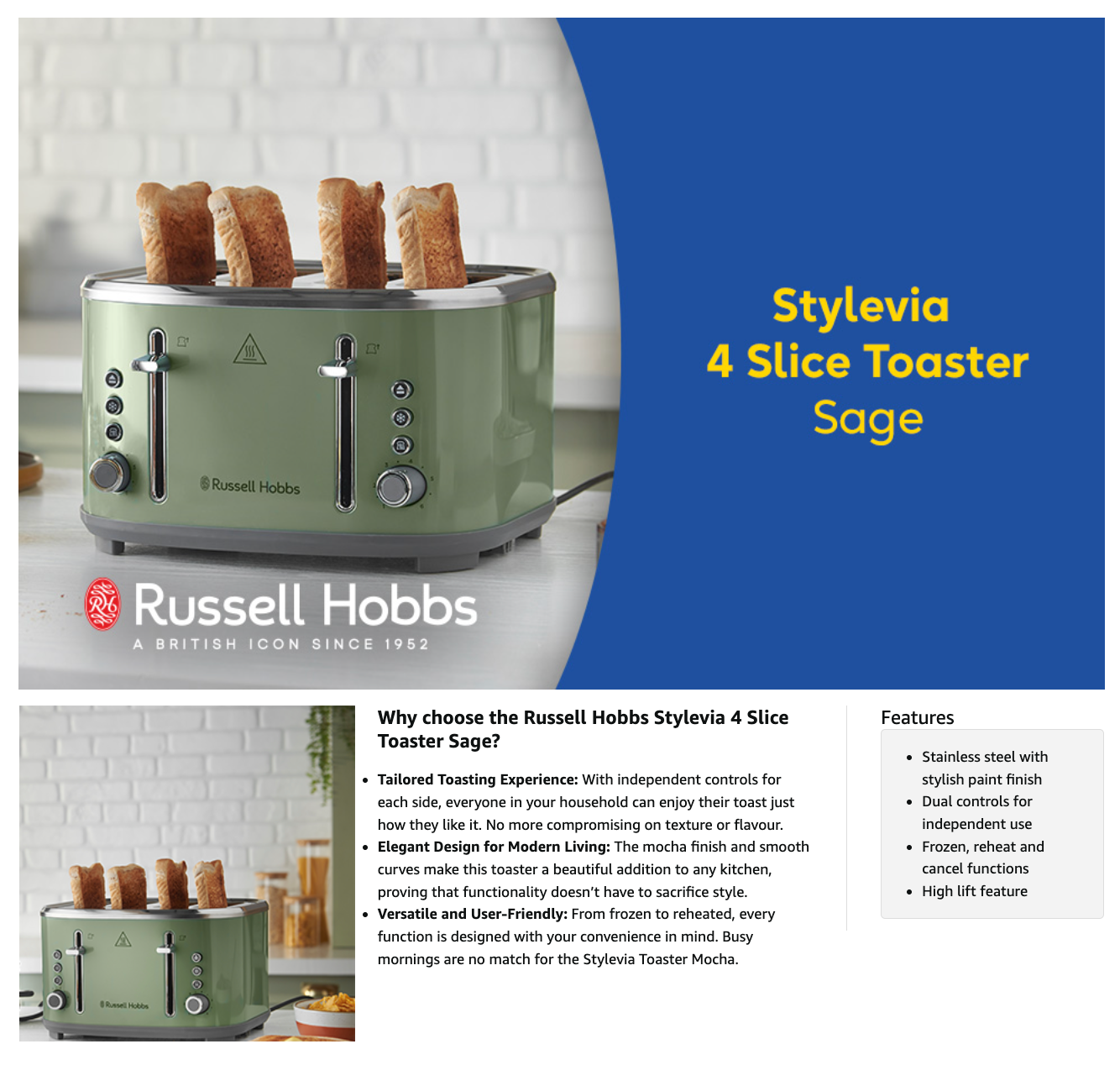 Russell Hobbs Stylevia 4 Wide Slot Toaster 26294 (Sage)