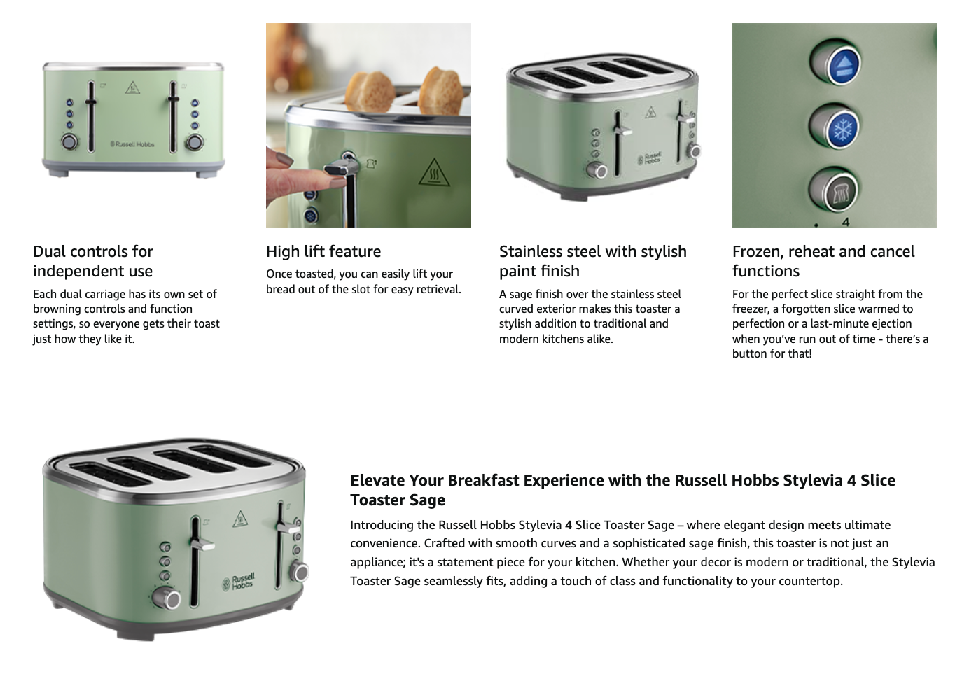 Sage 4-slice toaster product highlights layout with close-up control details