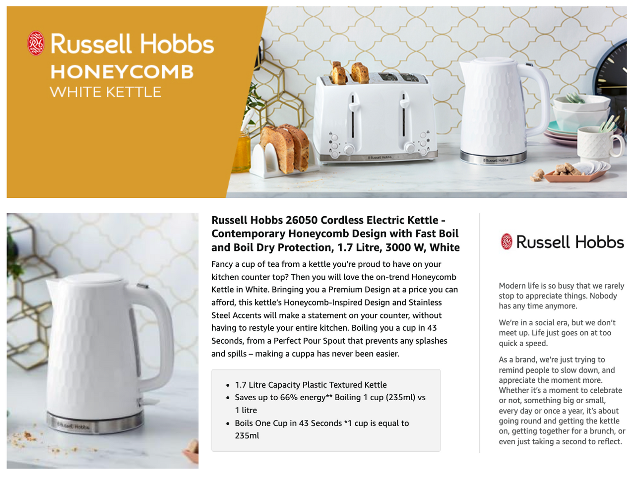 Russell Hobbs Honeycomb Kettle 26050 (White) - Vibe Home
