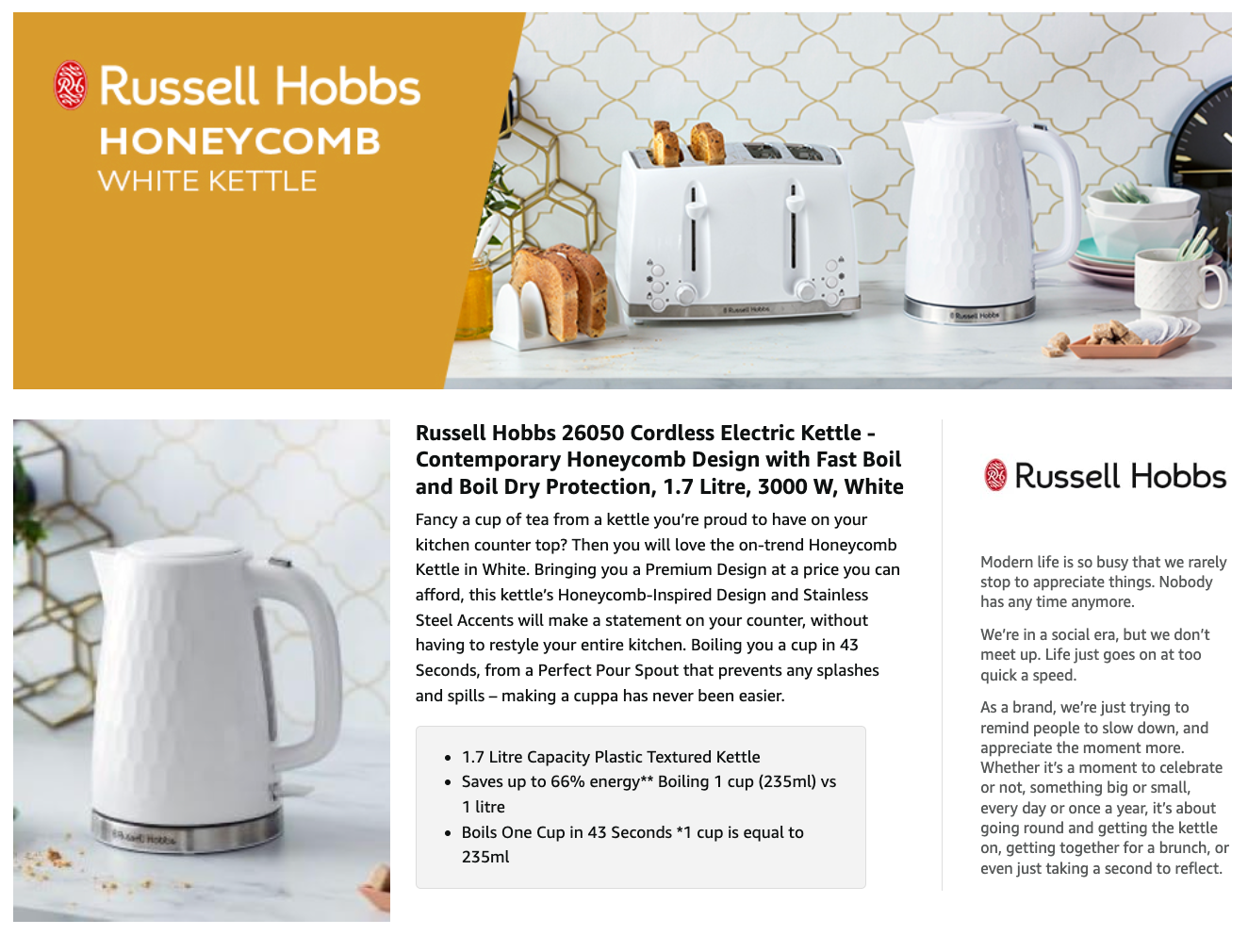 Russell Hobbs Honeycomb Kettle 26050 (White) - Vibe Home