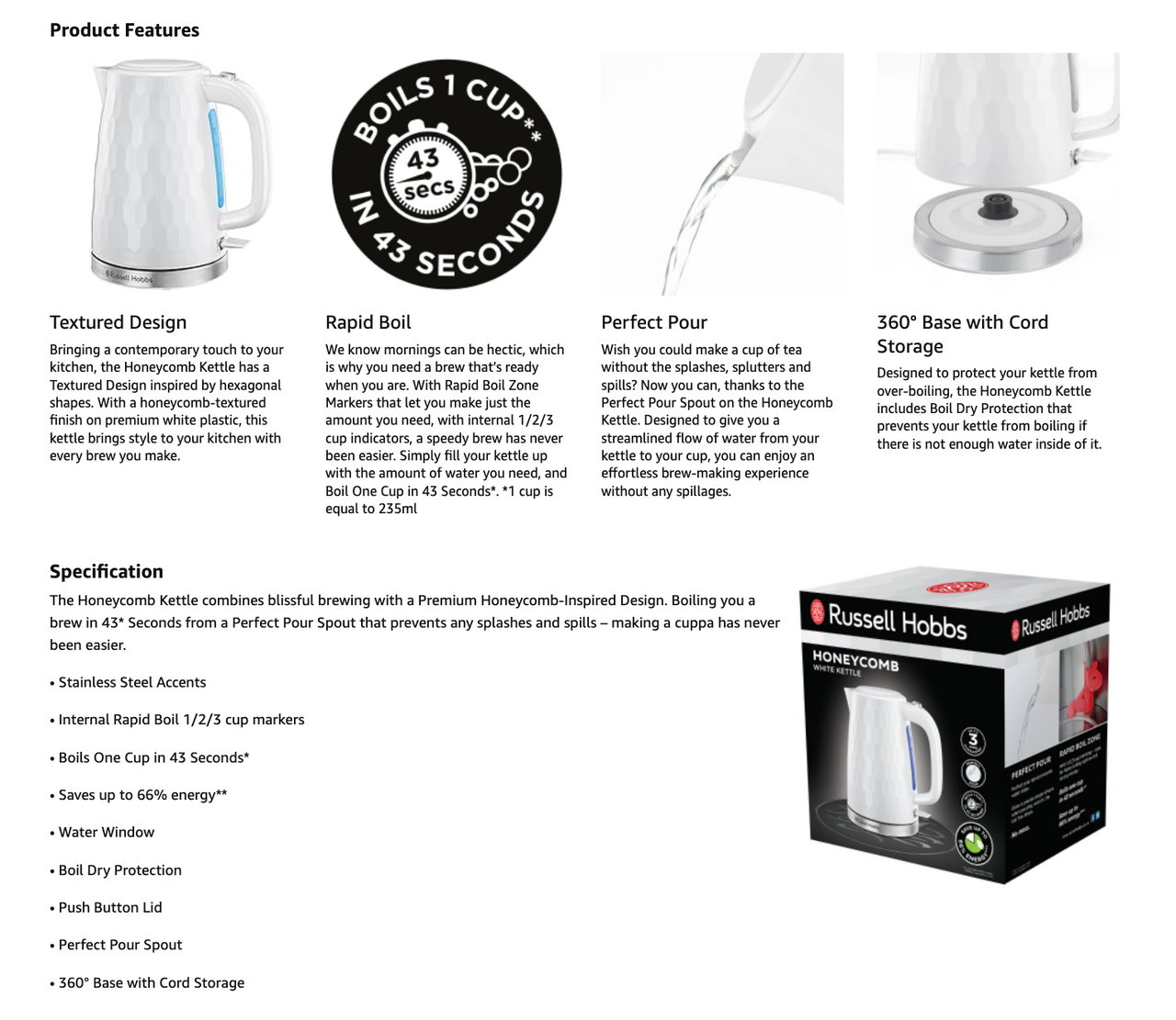 Russell Hobbs Honeycomb Kettle 26050 (White) - Vibe Home
