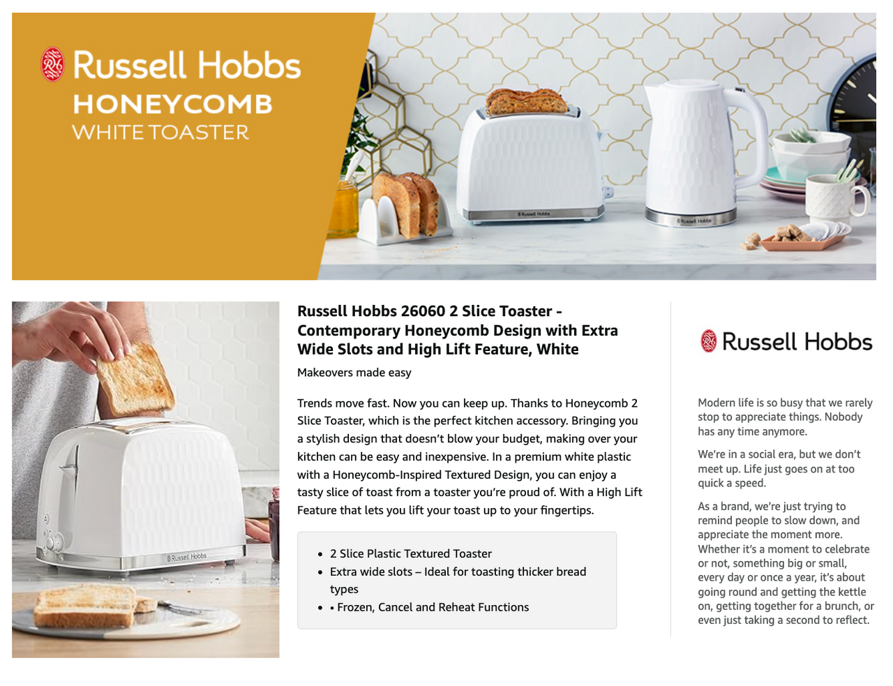 White honeycomb toaster brochure page with toaster image and features