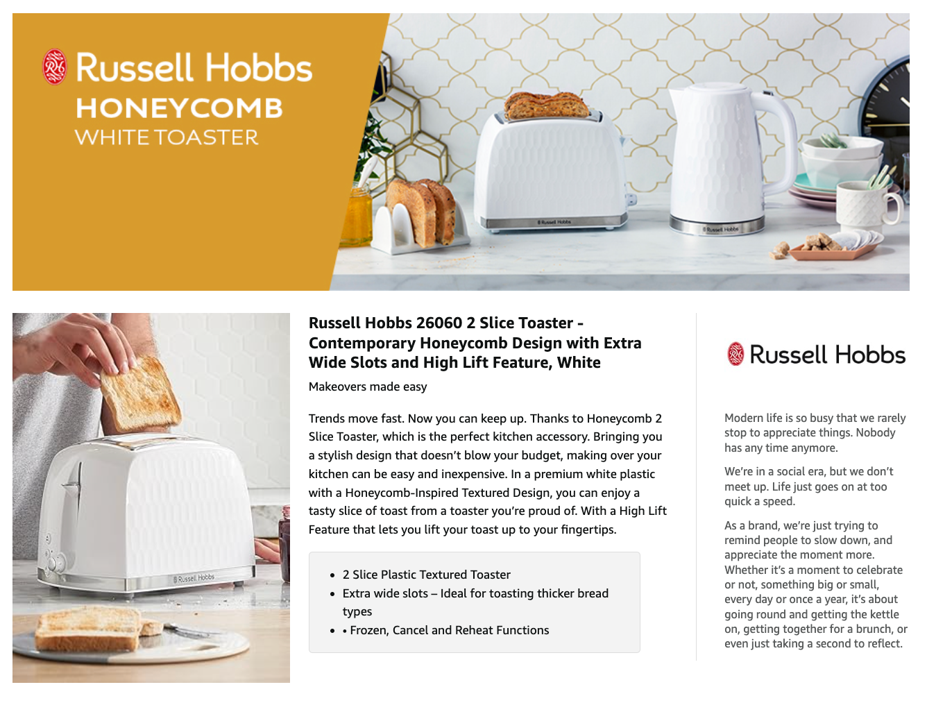 White honeycomb toaster brochure page with toaster image and features