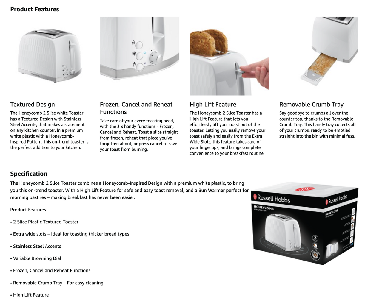 White 2-slice toaster feature panels on product listing page