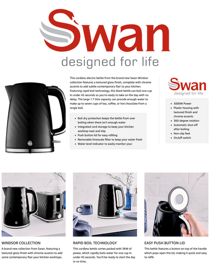 Swan Windsor Jug Kettle & 2 Slice Toaster Kitchen Set (Black)