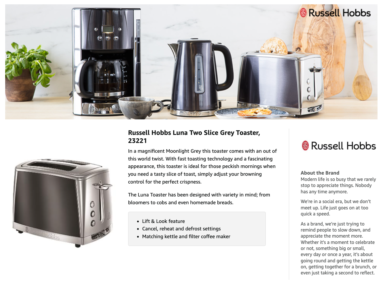 Russell Hobbs Luna 2-slice grey toaster on countertop with kettle and bread