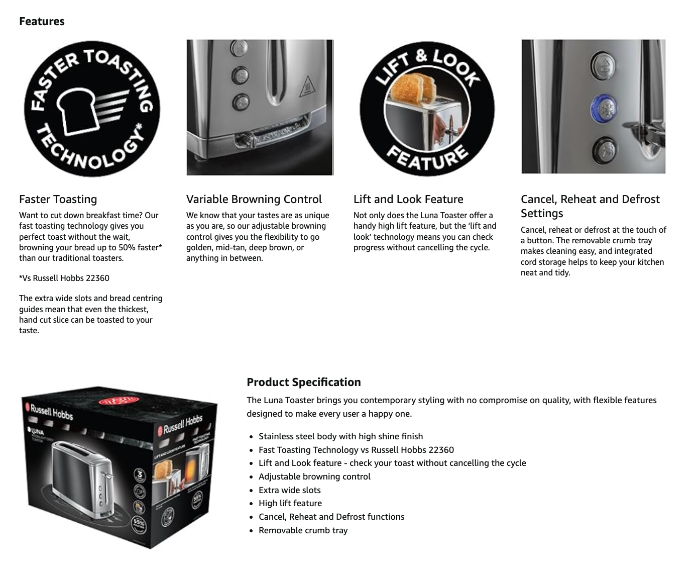 Feature and specification sheet for Russell Hobbs Luna 2-slice grey toaster