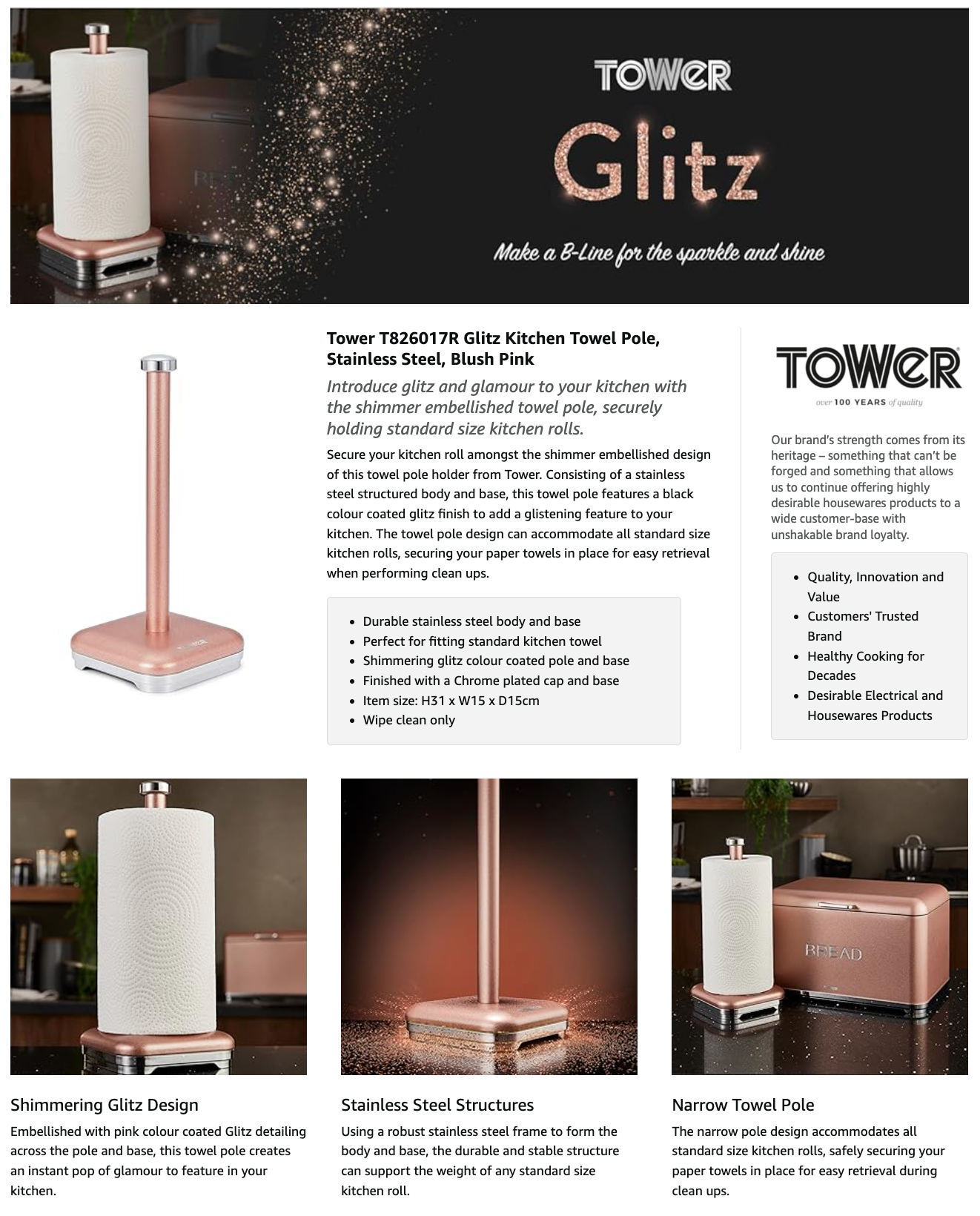 Tower Glitz Kitchen Roll Holder Towel Pole T826017R (Blush Pink)