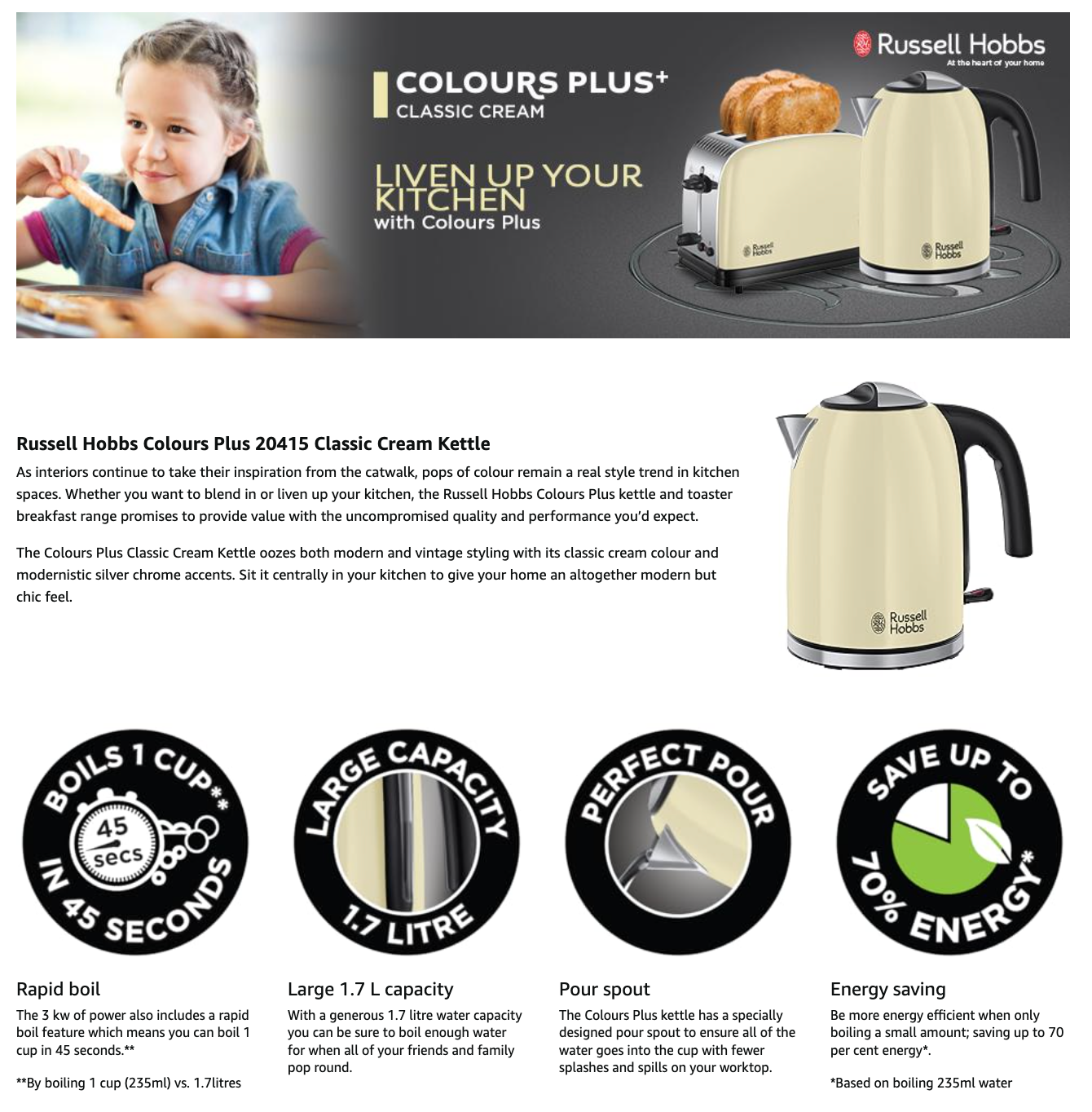 Russell Hobbs Classic Kettle & 2 Slice Toaster Kitchen Set (Cream)