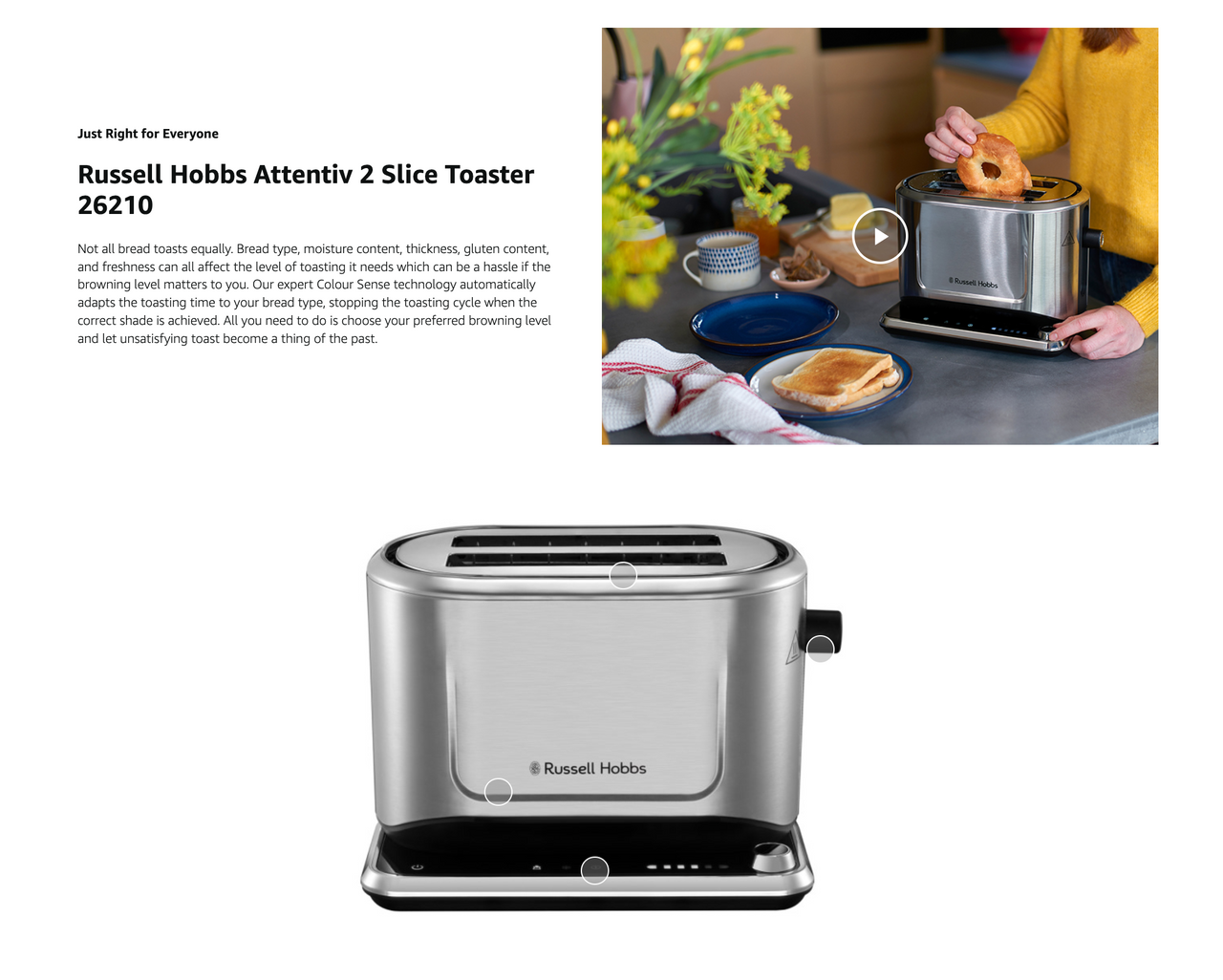 Russell Hobbs stainless steel 2-slice toaster shown from the front on white