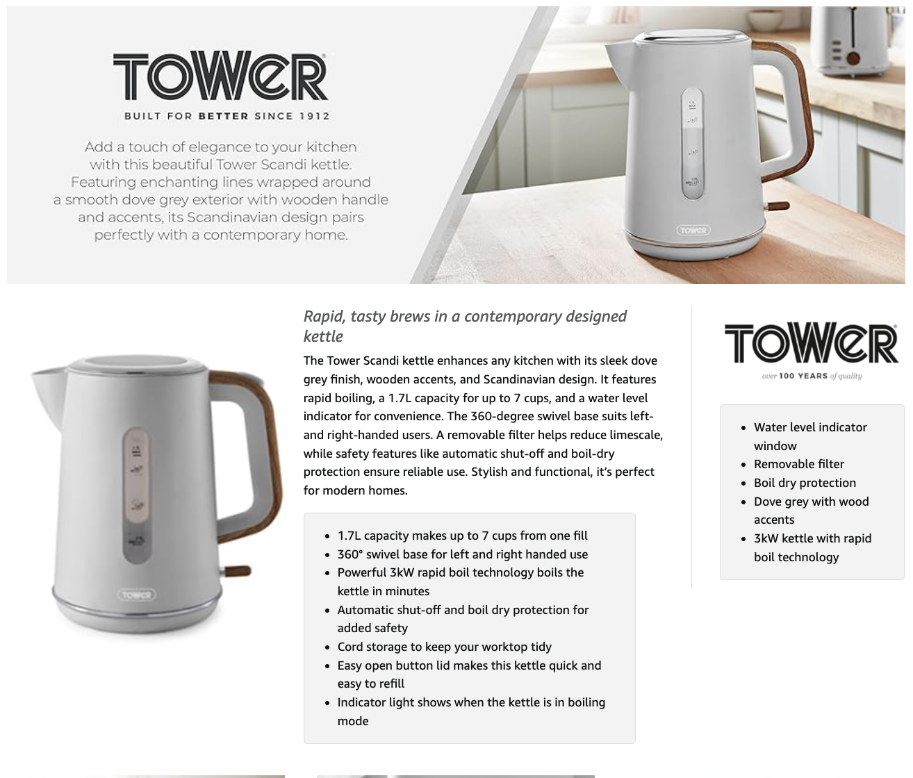 Tower Scandi Jug Kettle T10037GRY (Dove Grey)