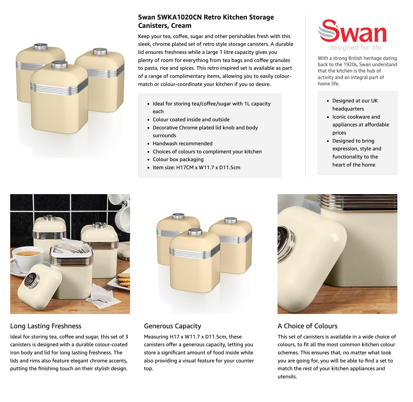 Swan Retro Cream 8pc Kitchen Set Kettle 4 Slice Toaster Bread Bin Canisters