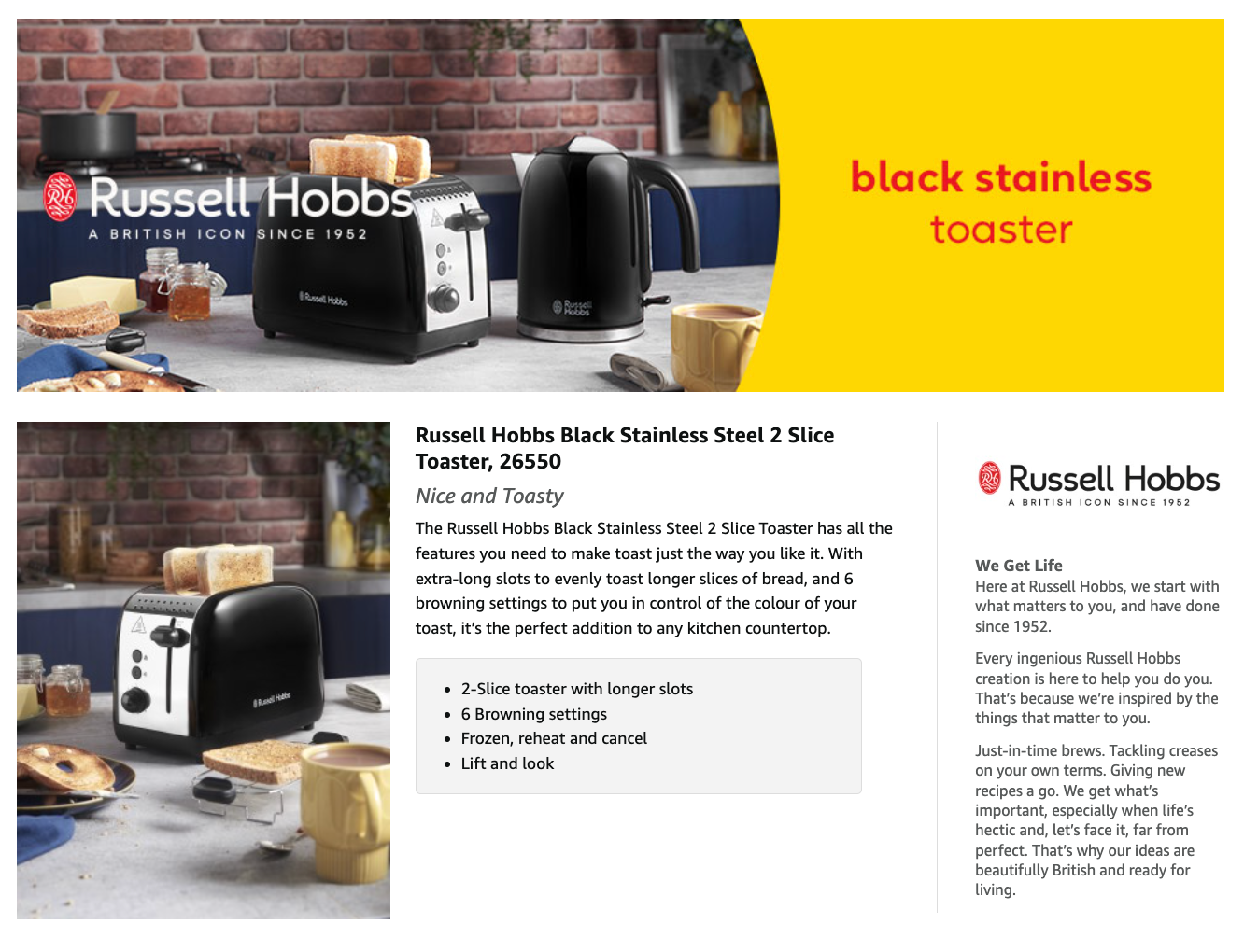 Black 2-slice toaster with two slots and control buttons, Russell Hobbs Classics Colours