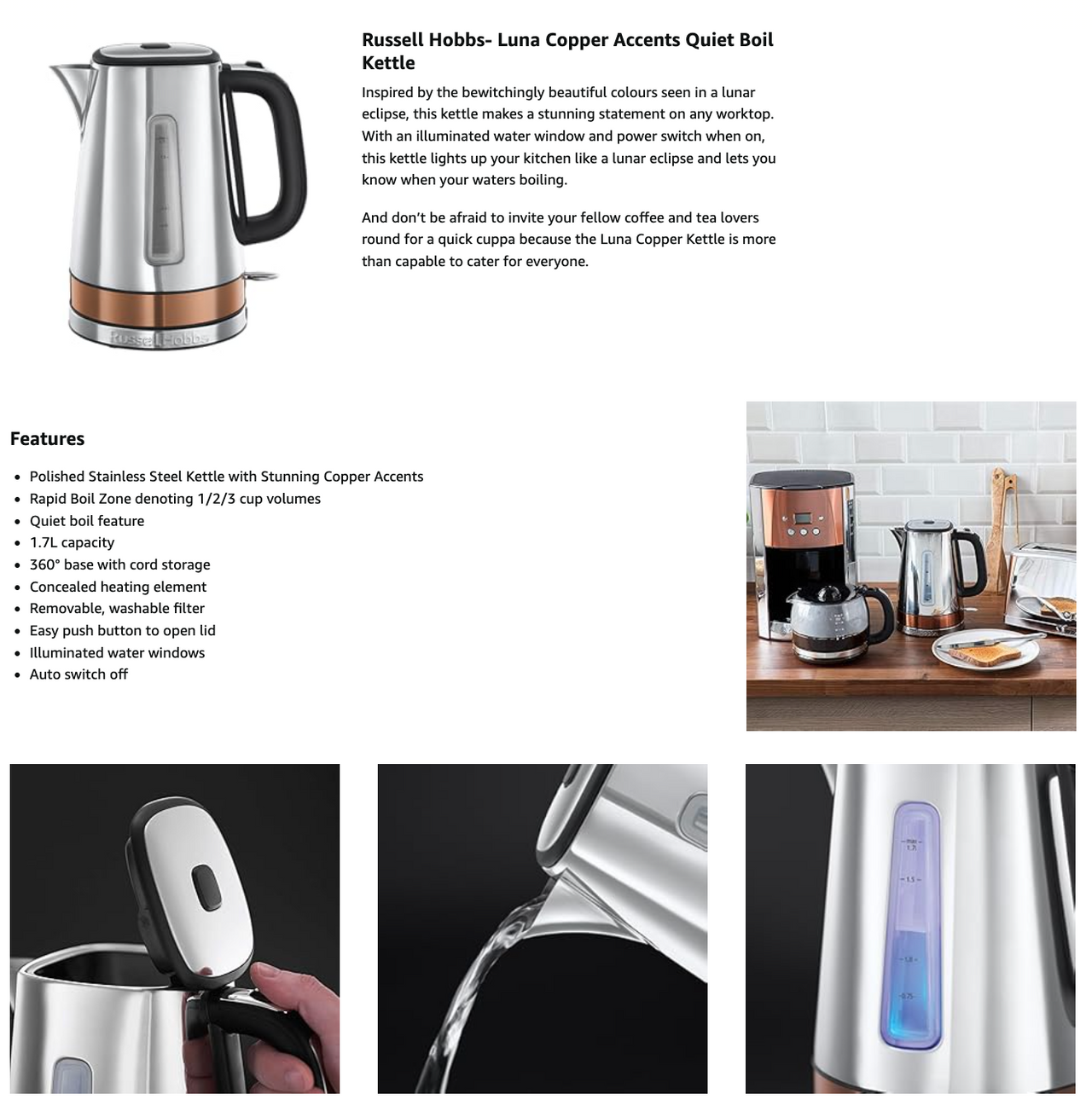 Russell Hobbs Luna Jug Kettle 24280 (Copper) - Vibe Home