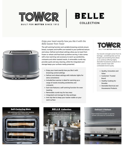 Tower Belle 2 Slice Toaster T20043GRP (Graphite Grey)