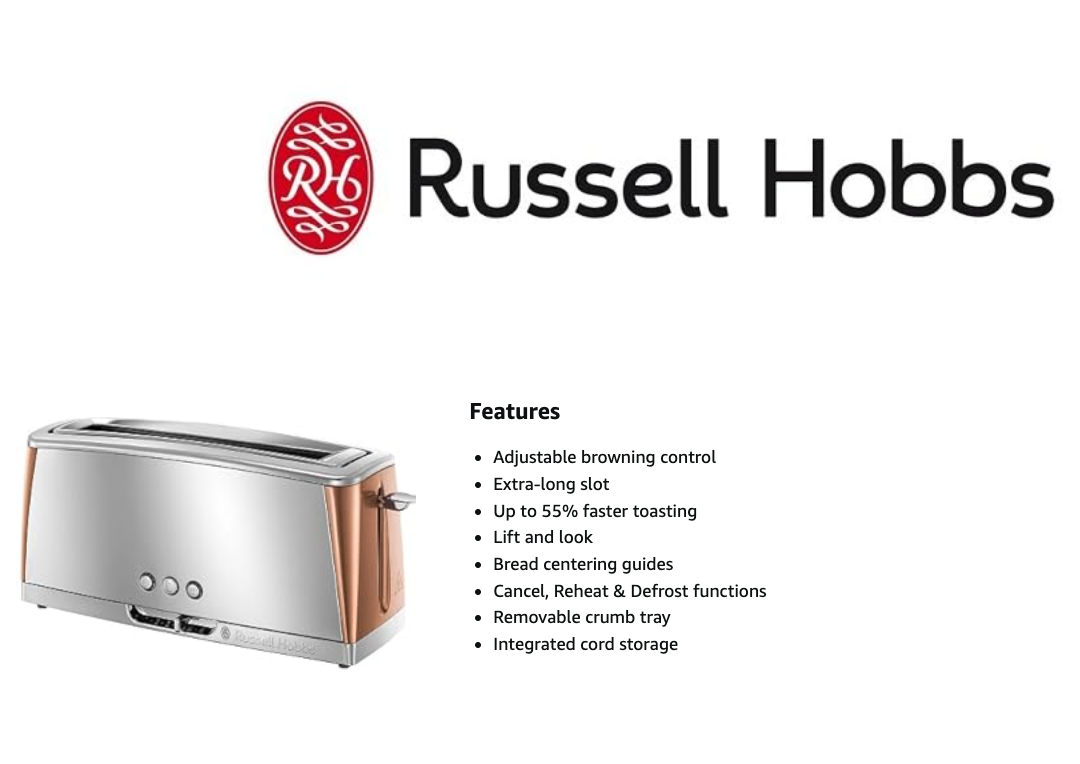 Copper and silver long-slice toaster with wide slots and front control panel
