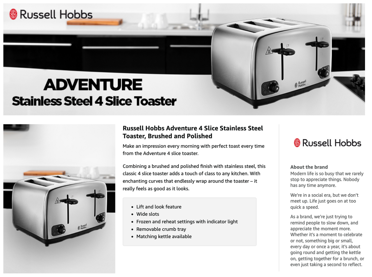 Stainless steel 4-slice toaster with black lever handles and control knobs