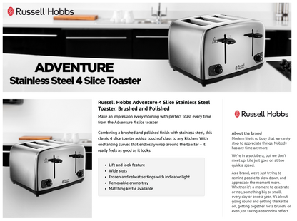 Russell Hobbs Adventure Kettle & 4 Slice Toaster Kitchen Set (Silver)