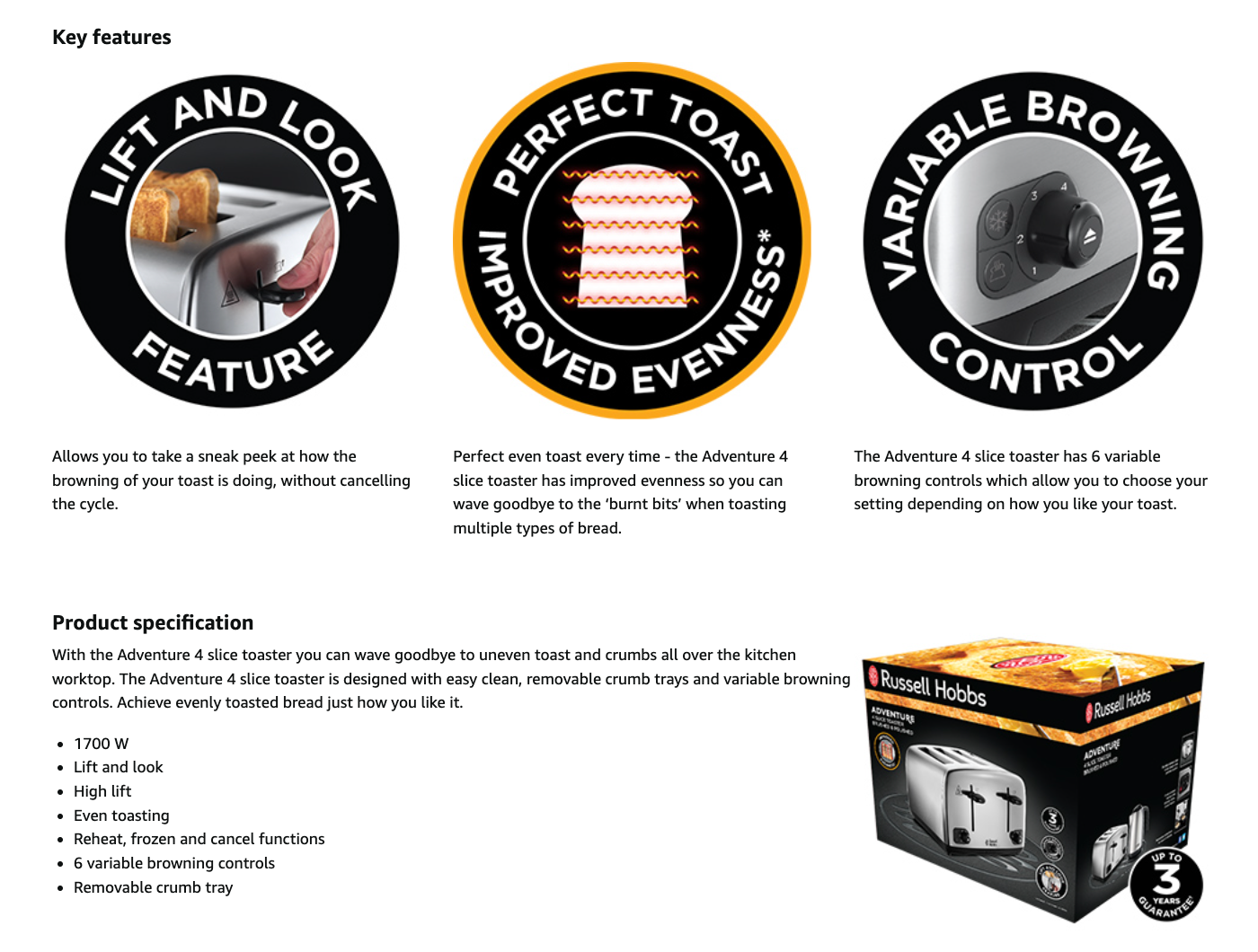 Stainless steel 4-slice toaster key features diagram with control knobs