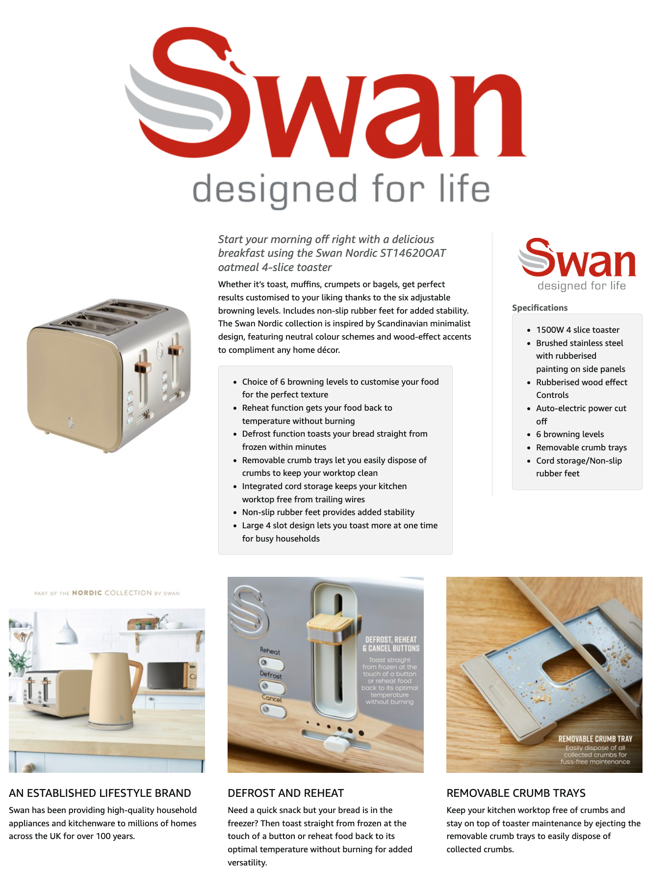 Swan Nordic 4 Slice Toaster ST14620OAT (Oatmeal)