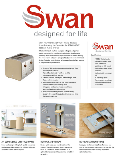 Swan Nordic 4 Slice Toaster ST14620OAT (Oatmeal)