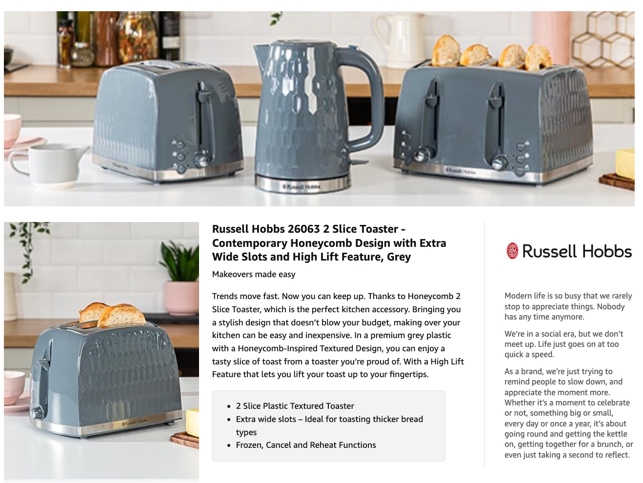 Grey honeycomb 2-slice toaster with wide slots, push-button controls and side dials