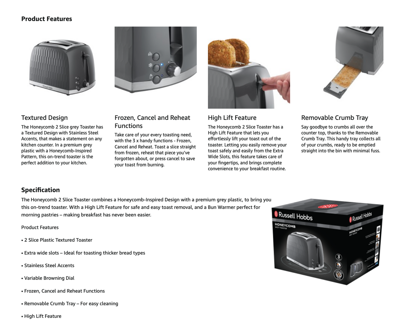 Grey Russell Hobbs honeycomb 2-slice toaster packaging with feature images
