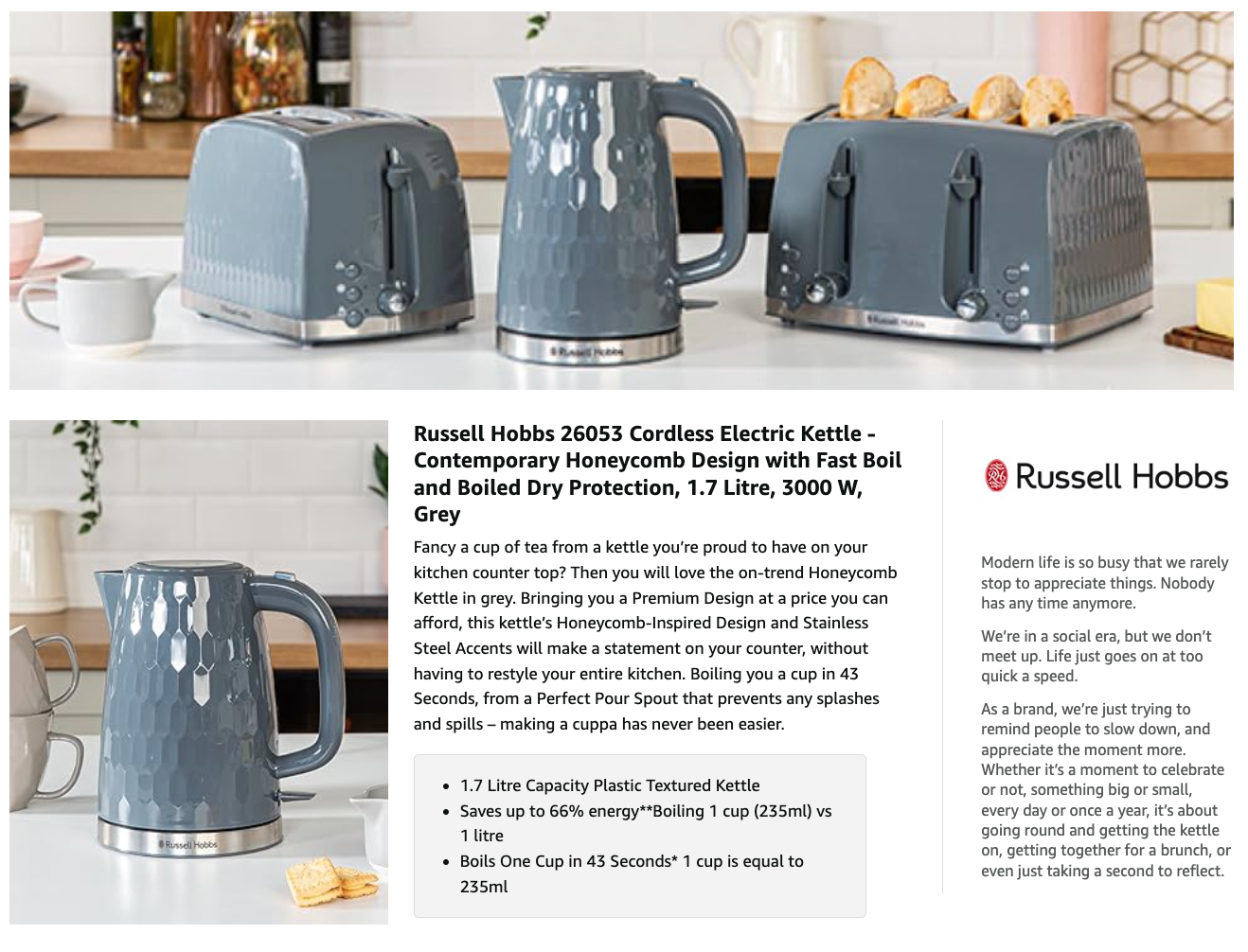 Russell Hobbs Honeycomb Kettle 26053 (Grey) - Vibe Home