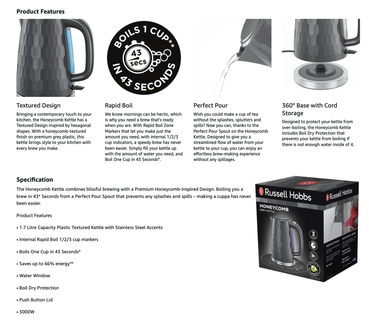 Russell Hobbs Honeycomb Kettle 26053 (Grey) - Vibe Home