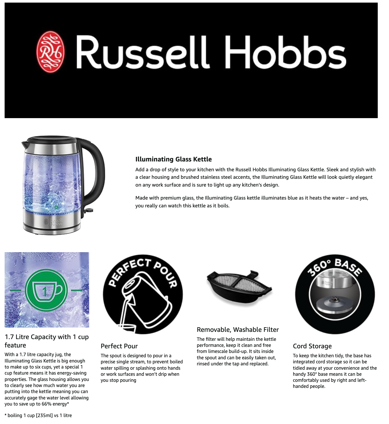 Russell Hobbs Illuminating Glass Kettle 21600 (Silver/Black)