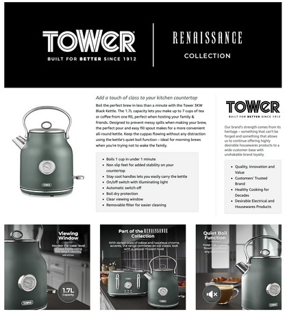 Tower Renaissance Kettle with Quick Boil T10063FOR (Forest Green)