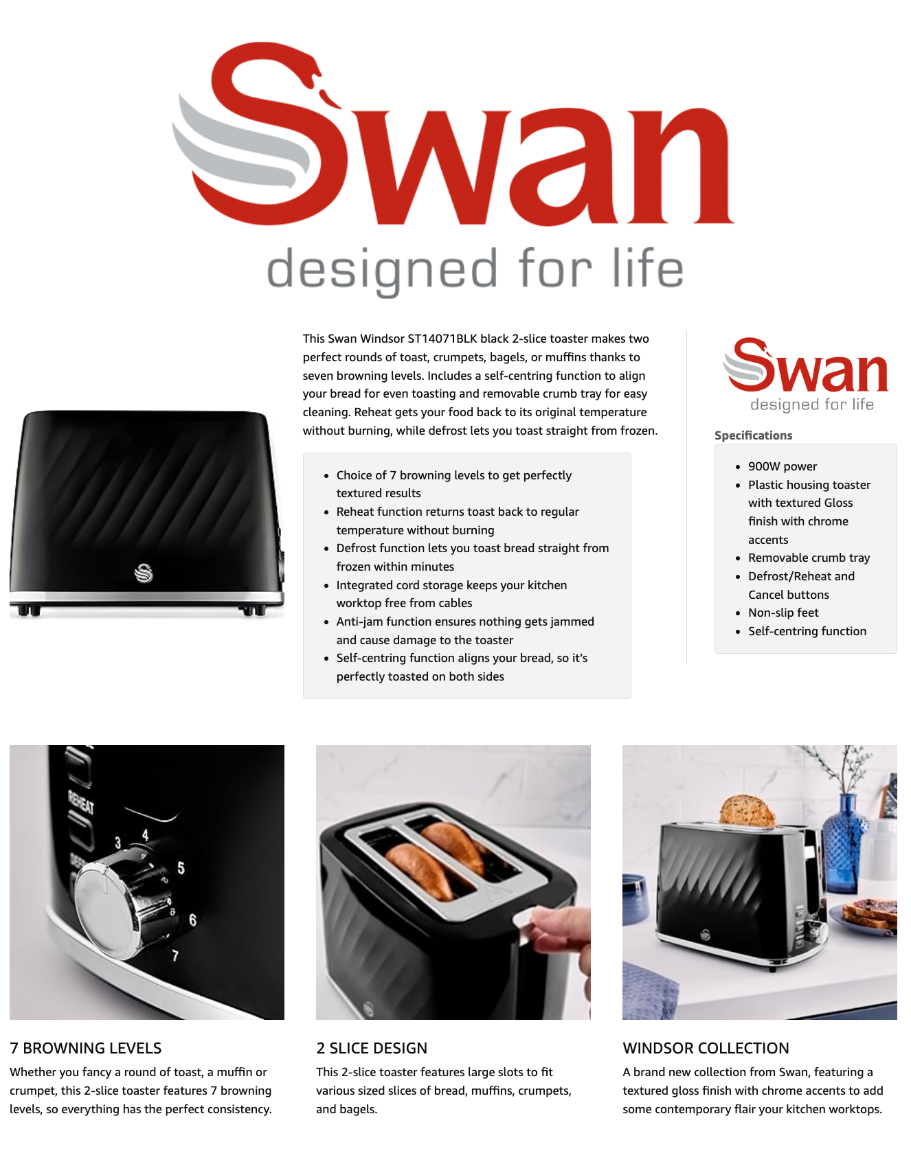 Swan Windsor 2 Slice Toaster ST14071BLK (Black)