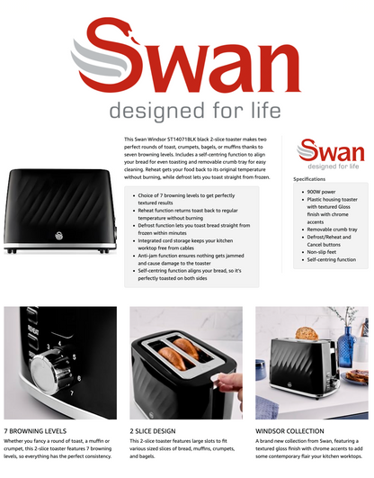 Swan Windsor 2 Slice Toaster ST14071BLK (Black)