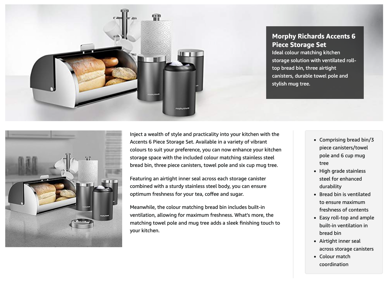Morphy Richards Accents Bread Bin, Canisters, Towel Pole & Mug Tree Kitchen Set 974113 (Grey).