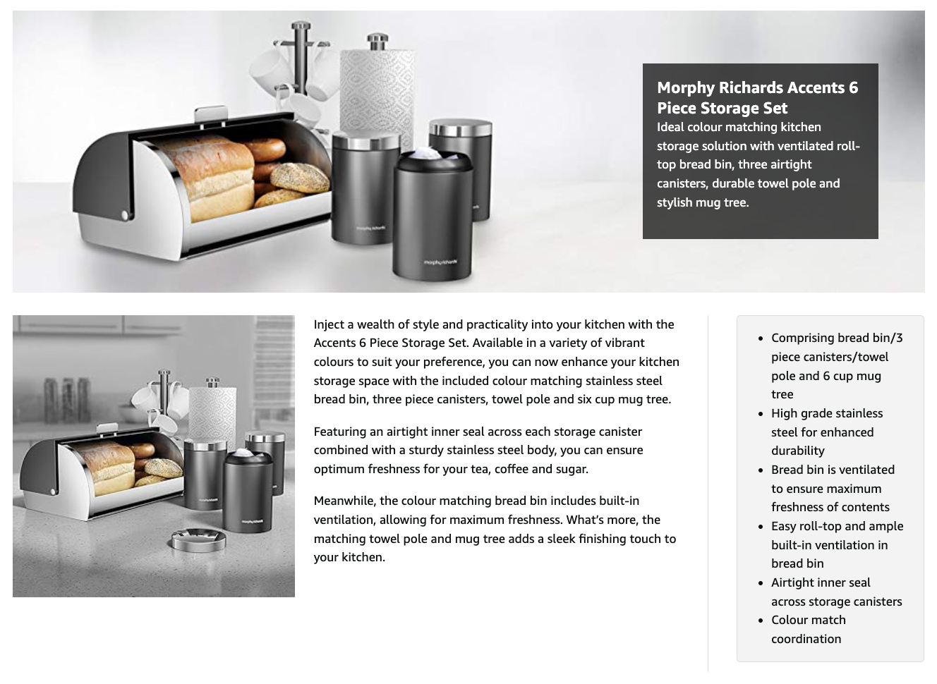 Morphy Richards Accents Bread Bin, Canisters, Towel Pole & Mug Tree Kitchen Set 974113 (Grey).