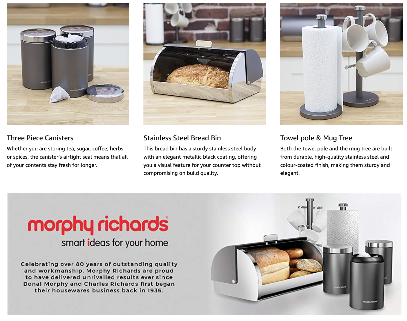 Morphy Richards Accents Bread Bin, Canisters, Towel Pole & Mug Tree Kitchen Set 974113 (Grey)