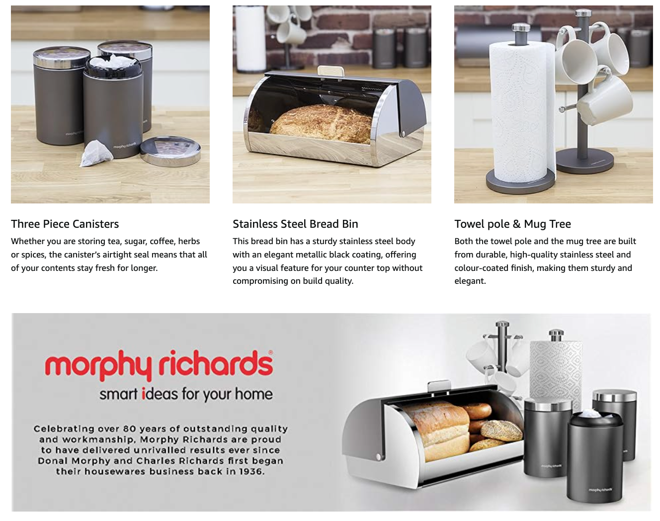 Morphy Richards Accents Bread Bin, Canisters, Towel Pole & Mug Tree Kitchen Set 974113 (Grey).