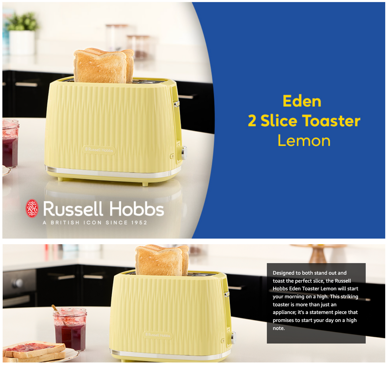 Lemon 2-slice toaster with toast in slots on promotional background