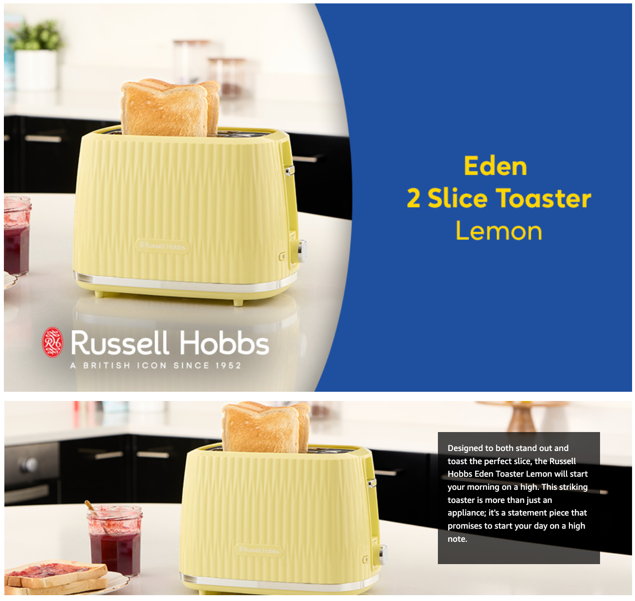 Lemon 2-slice toaster with toast in slots on promotional background
