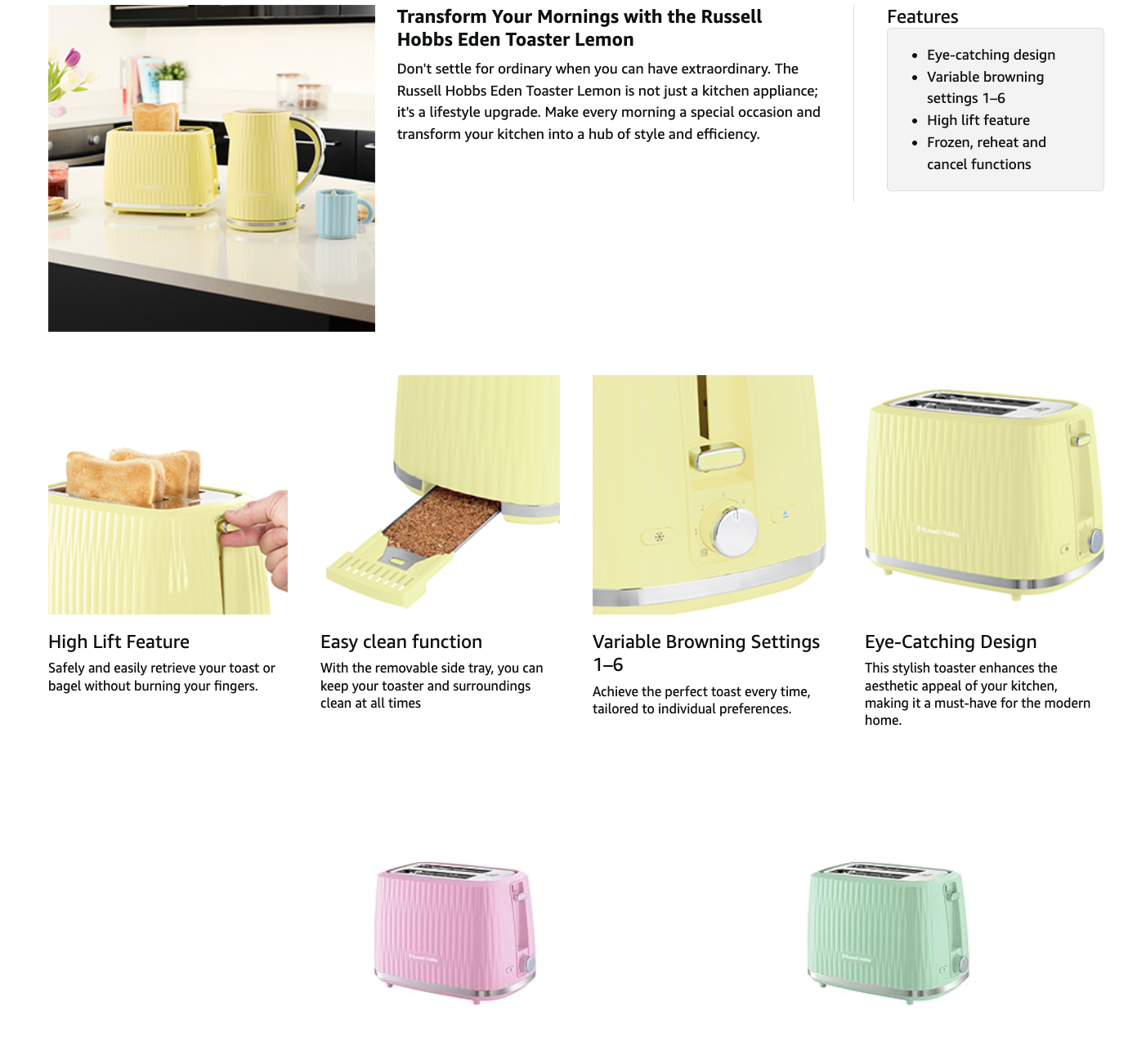Lemon 2-slice toaster on feature card with icons and labeled functions