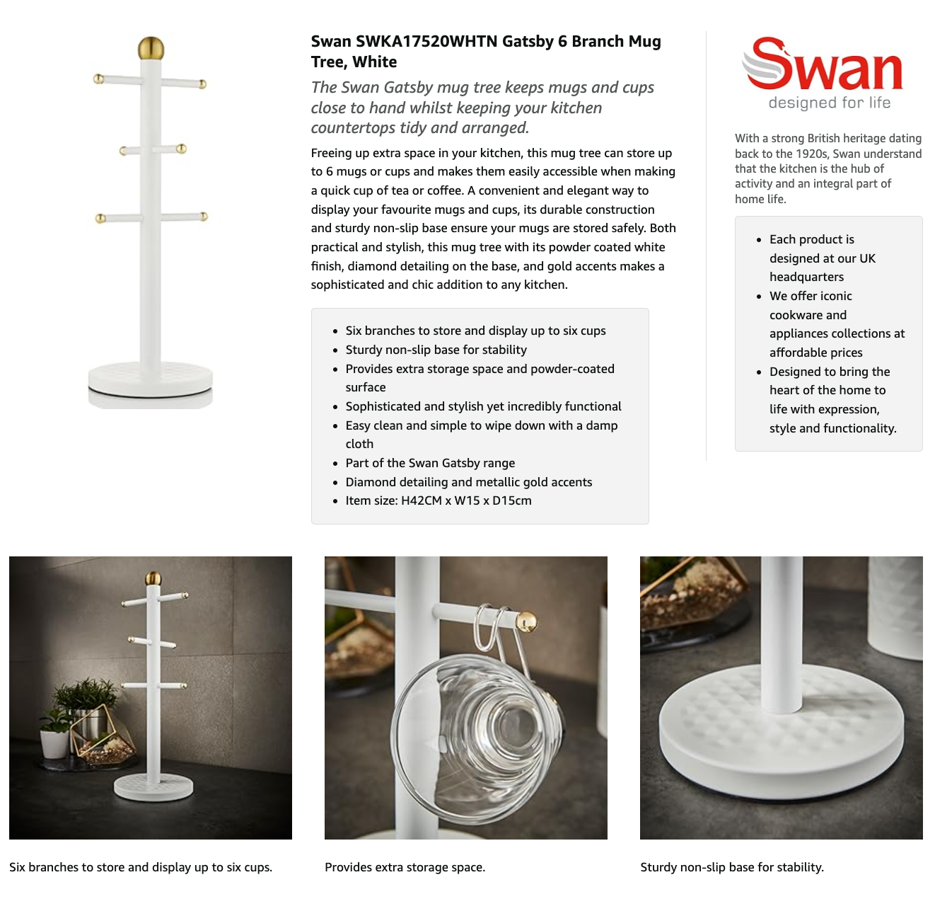 Swan Gatsby Mug Tree Holder Cup Rack Stand SWKA17520WHTN (White)